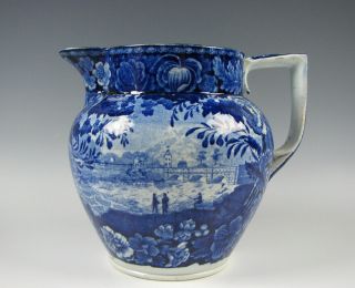American Historical Dark Blue Staffordshire View Of Erie Canal Pitcher