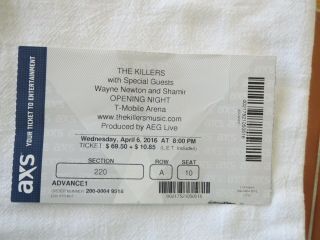 The Killers Las Vegas April 6,  2016 1 Ticket Stub