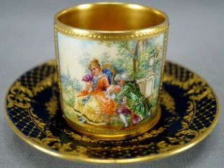 Dresden Royal Vienna Style Hand Painted Courting Couple Cobalt & Gold Cup E