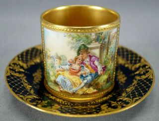 Dresden Royal Vienna Style Hand Painted Courting Couple Cobalt & Gold Cup G