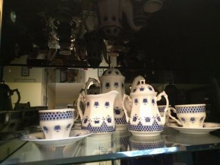 Porcelain Blue Demi Tea Set,  Teapot Creamer Sugar Bowl 6 Cups & Saucers,  15 Pc