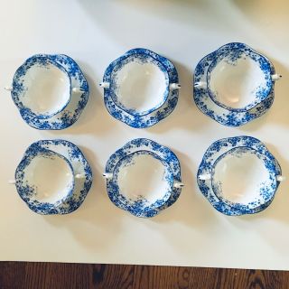 Antique Shelley Dainty Blue Double Handled Soup Bowls With Plates Saucers