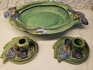 3 Pc Vtg Weller Art Pottery Ardsley Iris Pair Candleholders Console Bowl 1920s