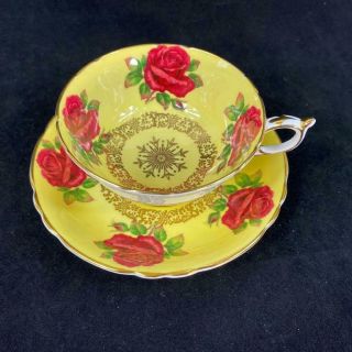 1960s Paragon Red Cabbage Rose Brocade Gold Medallion Pale Yellow Cup Saucer