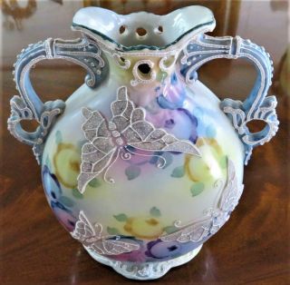 Nippon Old Noritake Vase W/ Moriage Butterflies Beads Unmarked Ex -