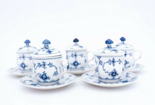 5 Cremecups With Lids & Saucers 64 - Blue Fluted Royal Copenhagen 1:st Quality
