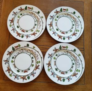 Set Of 4 Crown Staffordshire Hunting Scene Dinner Plates