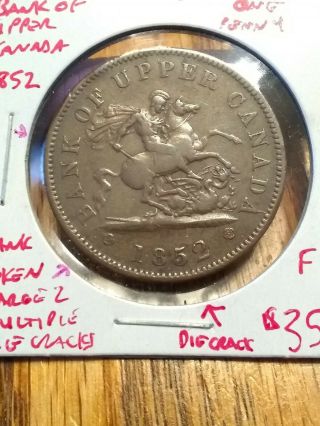 1852 Bank Of Upper Canada One Penny Token Large 2 W/die Cracks Coin Fine Aa513