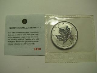 2004 Sp $5 1oz.  9999 Silver Maple Leaf Sml Zodiac 3 - Gemini Privy Mark Canada