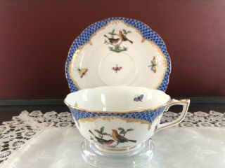 Herend Rothschild Bird Blue Border Wide Rim Footed Tea Cup Saucer Dish 5