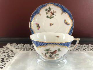 Herend Rothschild Bird Blue Border Wide Rim Footed Tea Cup Saucer Dish 6