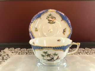 Herend Rothschild Bird Blue Border Wide Rim Footed Tea Cup Saucer Dish 4
