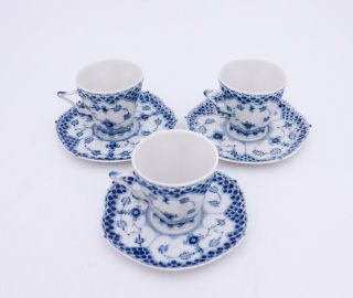 3 Cups & Saucers 1036 - Blue Fluted Royal Copenhagen Double Lace - 2nd Quality 2