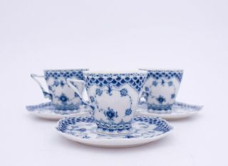 3 Cups & Saucers 1036 - Blue Fluted Royal Copenhagen Double Lace - 2nd Quality 3