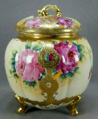 Nippon Hand Painted Large Pink Roses & Raised Heavy Gold Biscuit Jar C.  1891 - 1921