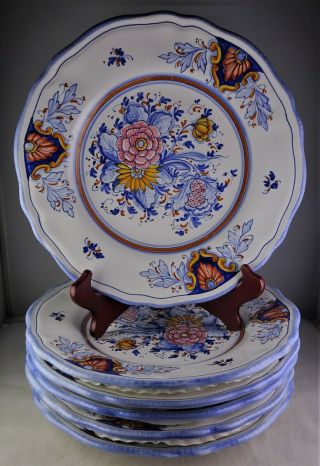 Set Of 6 Deruta Italian Pottery Dinner Plates Hand Painted Floral Design