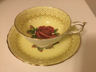 Vintage Paragon Bone China Tea Cup & Saucer Yellow Gold Lattice Cabbage Rose