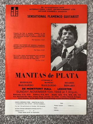 Vintage 1960s Manitas De Plata Flamenco Guitarist Handbill - Leicester