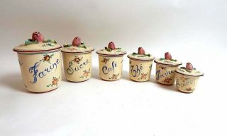 6 French Vintage Majolica Faience Canisters Complete Set With Lids