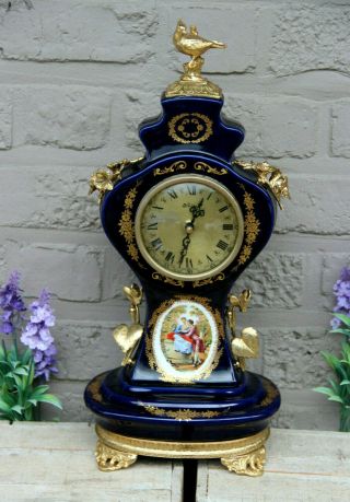 French Vintage Limoges Cobalt Blue Porcelain Clock Birds Romantic Decor
