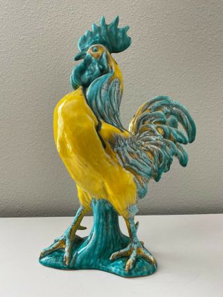 Vtg Italian Ceramic Pottery Rooster In Turquoise & Yellow 18 " H