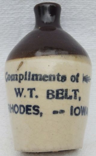 Rhodes,  Iowa Stoneware Miniature Advertising Jug W T Belt Near 1905 Era