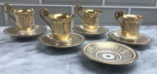 Fine 19thc Set Of 4 Meissen Dresden Hand Painted Gold Demitasse Cups & Saucers