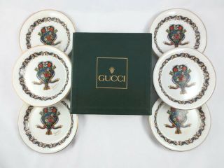 Rare Set Of 6 Vintage Gucci Botanical Coasters Small Plates English China,  Box