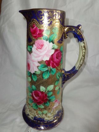 Vintage Hand Painted Pink Red Floral Roses Gold Beaded Cobalt Porcelain Tankard