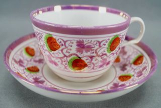 Set Of 4 Hp Strawberry Pink Luster Soft Paste Porcelain Tea Cups & Saucers C1830