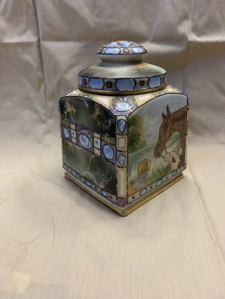 Vintage Old Nippon Hand Painted Porcelain Horse Scenic Tobbacco Humidor Jar