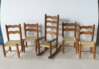 Miniature Dollhouse Furniture - 4 Ladder Back Chairs & Rockychair.  W/woven Seats