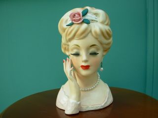 Vintage Lady Headvase 1961 Inarco E - 193/l Pink Top Hand Blonde Hair Flower 8 "