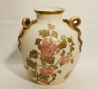 Royal Worcester Gilt Snake Handles Blush Ivory Vase Flowers Butterfly 1889