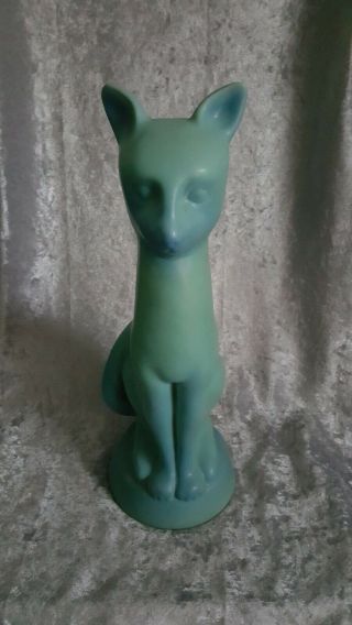 Signed T Van Briggle Art Pottery Tall Cat Figurine Matte Ming Blue Sitting