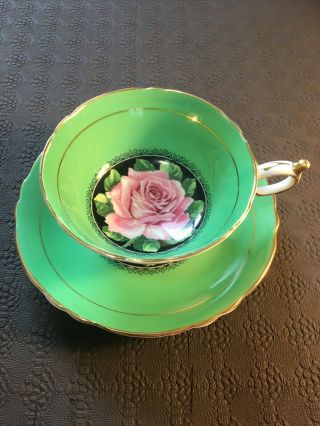 Vintage Double Warrant Pink Cabbage Rose Paragon On Black Tea Cup And Saucer