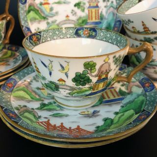 Crown Staffordshire Cups & Saucers Set Ye Olde Willow (set Of8) Chinoiserie Green