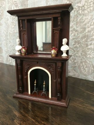 1/12 Dollhouse Miniature Fireplace W/ Mahogany Mirrored Mantel Plus Accessories