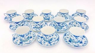 12 Cups & Saucers 719 - Blue Fluted Royal Copenhagen - Half Lace - 2nd Quality