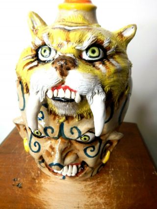 Stacy Lambert Saber Tooth Tiger Face Jug,  Pottery,  Folk Art 8  X5