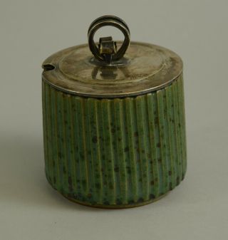 Arne Bang,  Denmark,  Ribbed Jar With Silver Lid And Matte Emerald Glaze 1930s - 40s