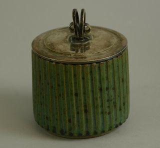 Arne Bang,  Denmark,  ribbed jar with silver lid and matte emerald glaze 1930s - 40s 2
