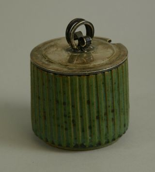 Arne Bang,  Denmark,  ribbed jar with silver lid and matte emerald glaze 1930s - 40s 3