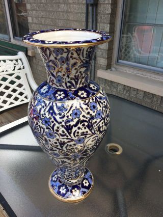 Ikaros Pottery Vase Blue,  Gold Rimms - Hand Made Painted In Rhodes - Greece,  Icaro 19 "