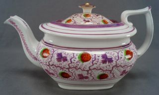 Hand Painted Strawberry Pink Luster Soft Paste Porcelain Teapot C.  1820 - 1840