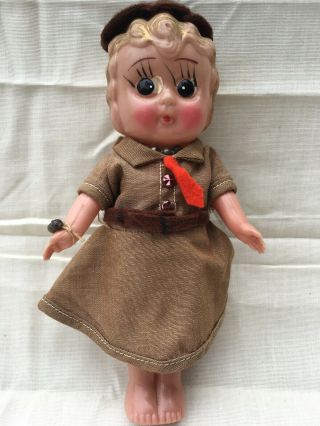 Antique Vtg Japan Celluloid Blow Mold Kewpie Toy Doll Girl Scout Brownie Uniform