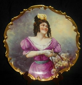 Coronet Limoges Large Charger Plate Women Carrying Basket Daisies Signed Dubois