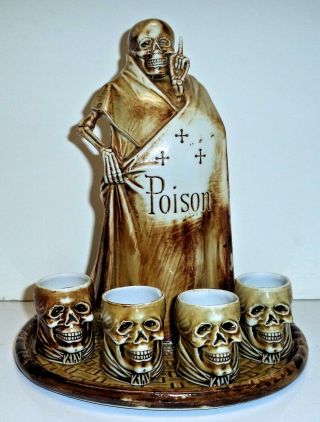 Schafer & Vater German Porcelain Flask Brown Poison Skeleton With Tray And Cups