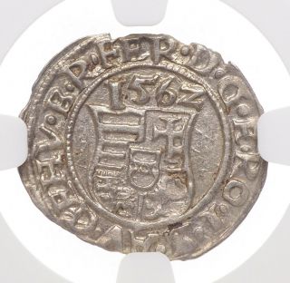 Hungary.  Ferdinand I,  Silver Denar,  1562 - Kb,  Ngc Ms63