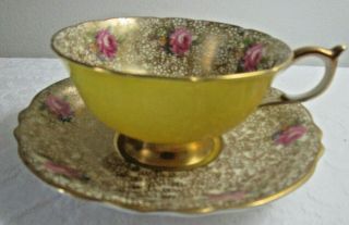 Paragon Hm The Queen Hm Queen Mary Cup Saucer 14k Gold Yellow Red Roses Lmtd Ed